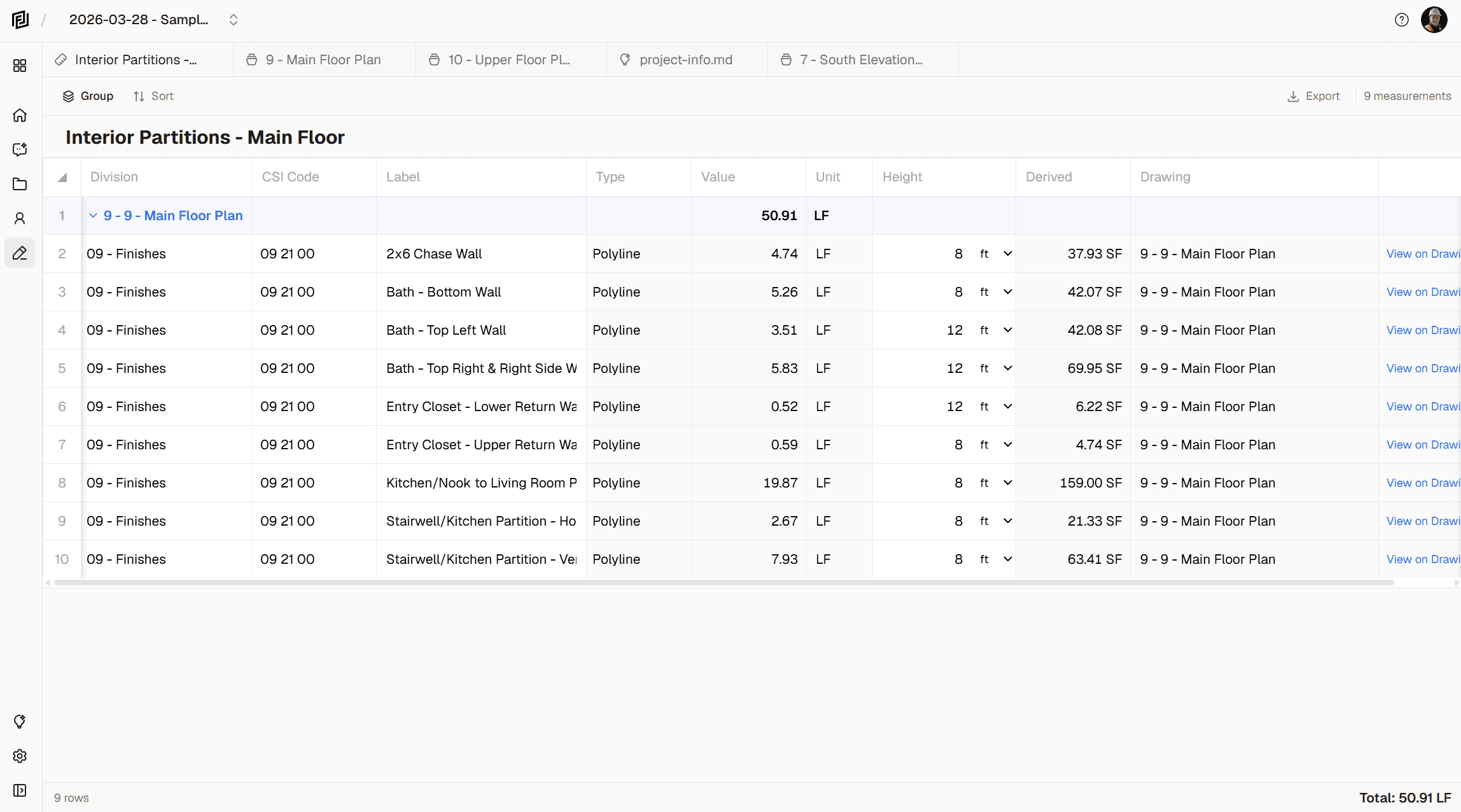 measurements sheet view