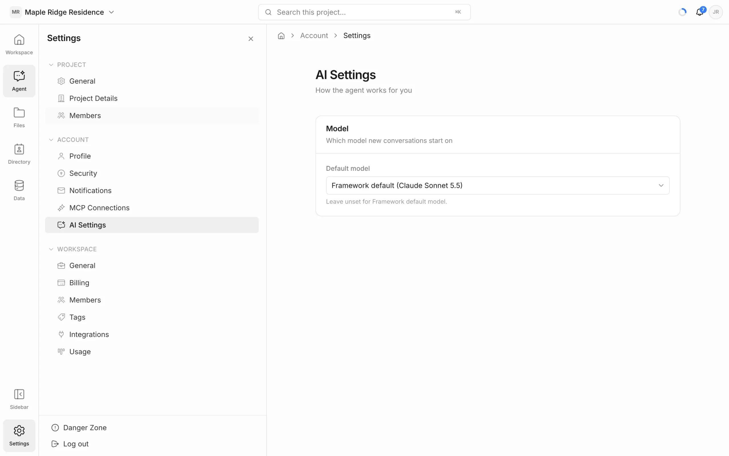 AI Settings page with the Default model dropdown set to Framework default (Claude Sonnet 5.5)