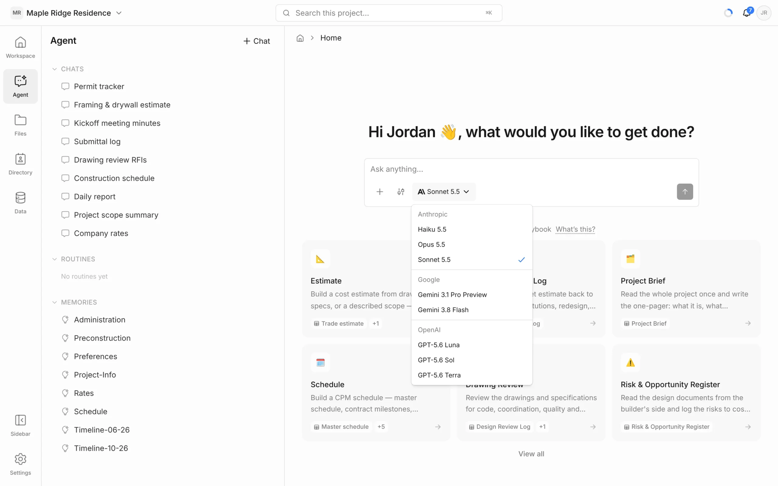 Model picker open below the message box, grouped into Anthropic (Haiku 5.5, Opus 5.5, Sonnet 5.5), Google (Gemini 3.1 Pro Preview, Gemini 3.8 Flash) and OpenAI (GPT-5.6 Luna, Sol, Terra)