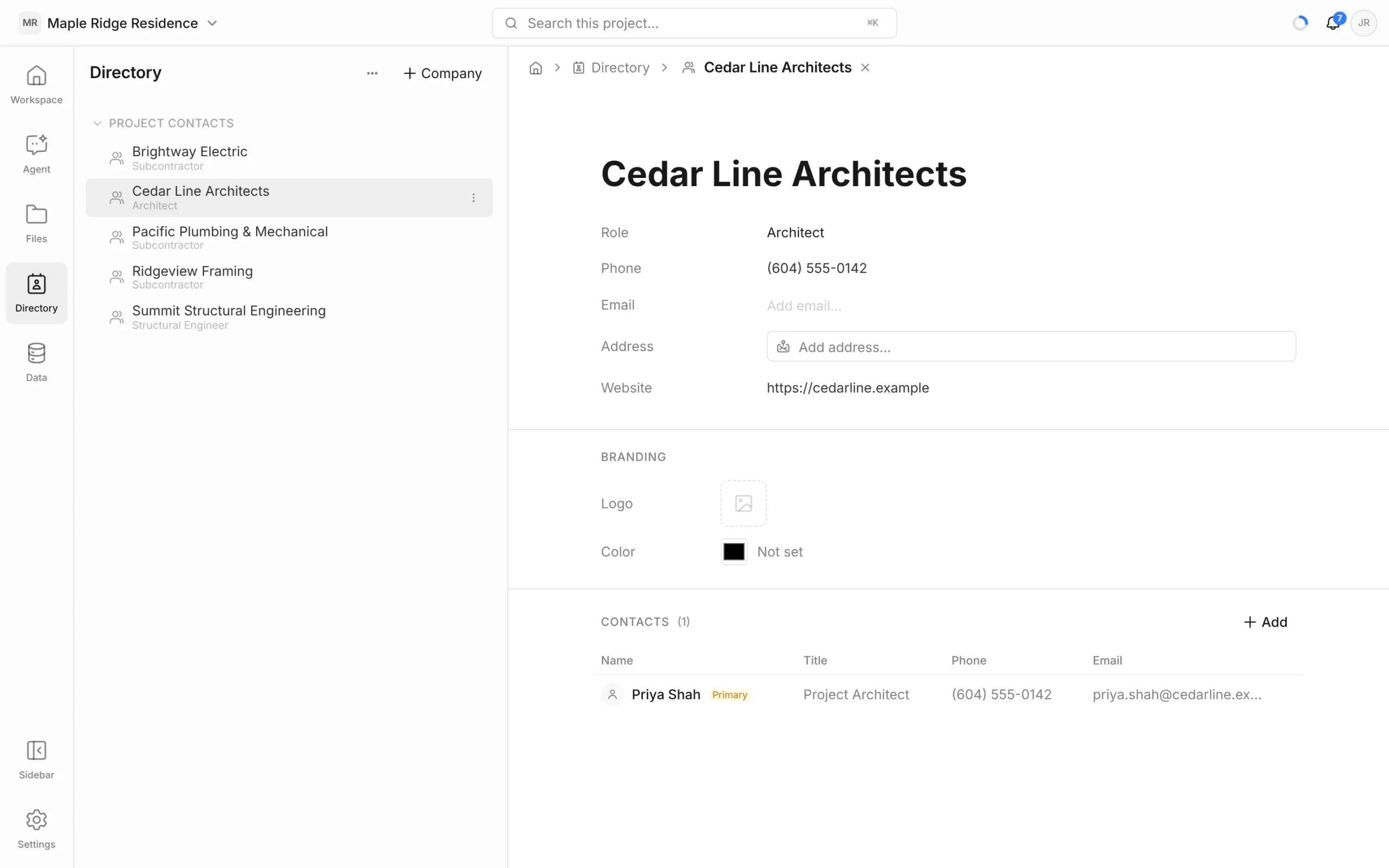Cedar Line Architects company page with role, phone and website, a Branding section with logo and colour, and a Contacts table with one primary contact