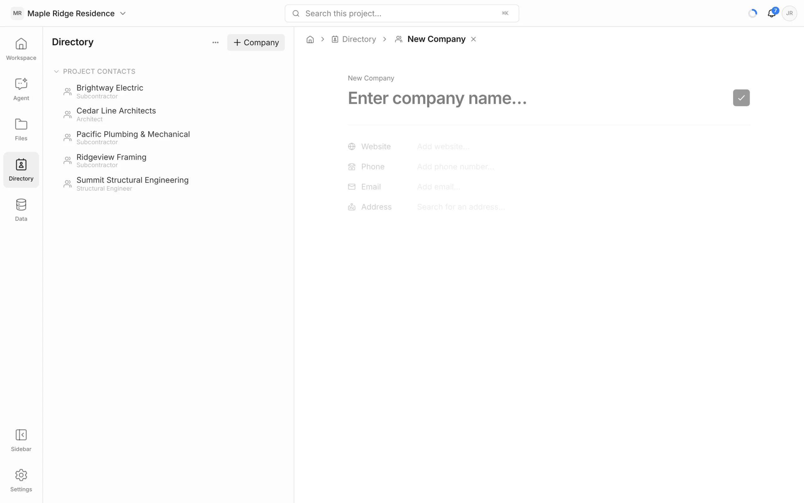 New Company page with an Enter company name field and Website, Phone, Email and Address fields