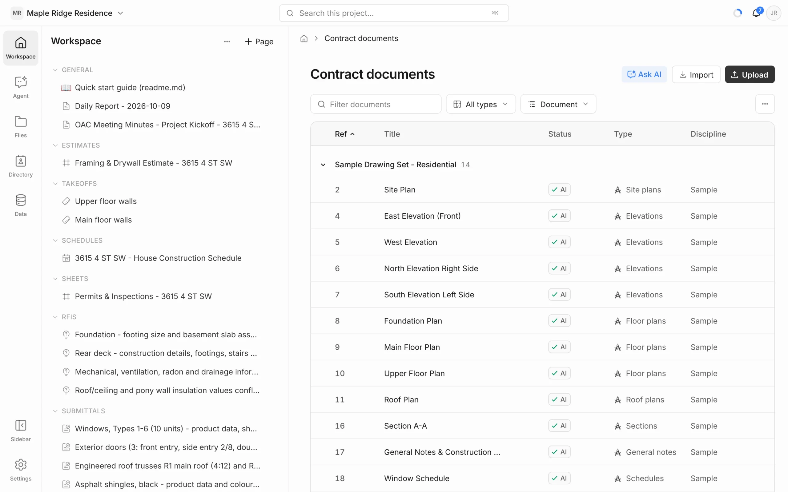 Contract documents register listing the sample drawing set sheets with Ref, Title, Status, Type and Discipline columns, plus Ask AI, Import and Upload buttons