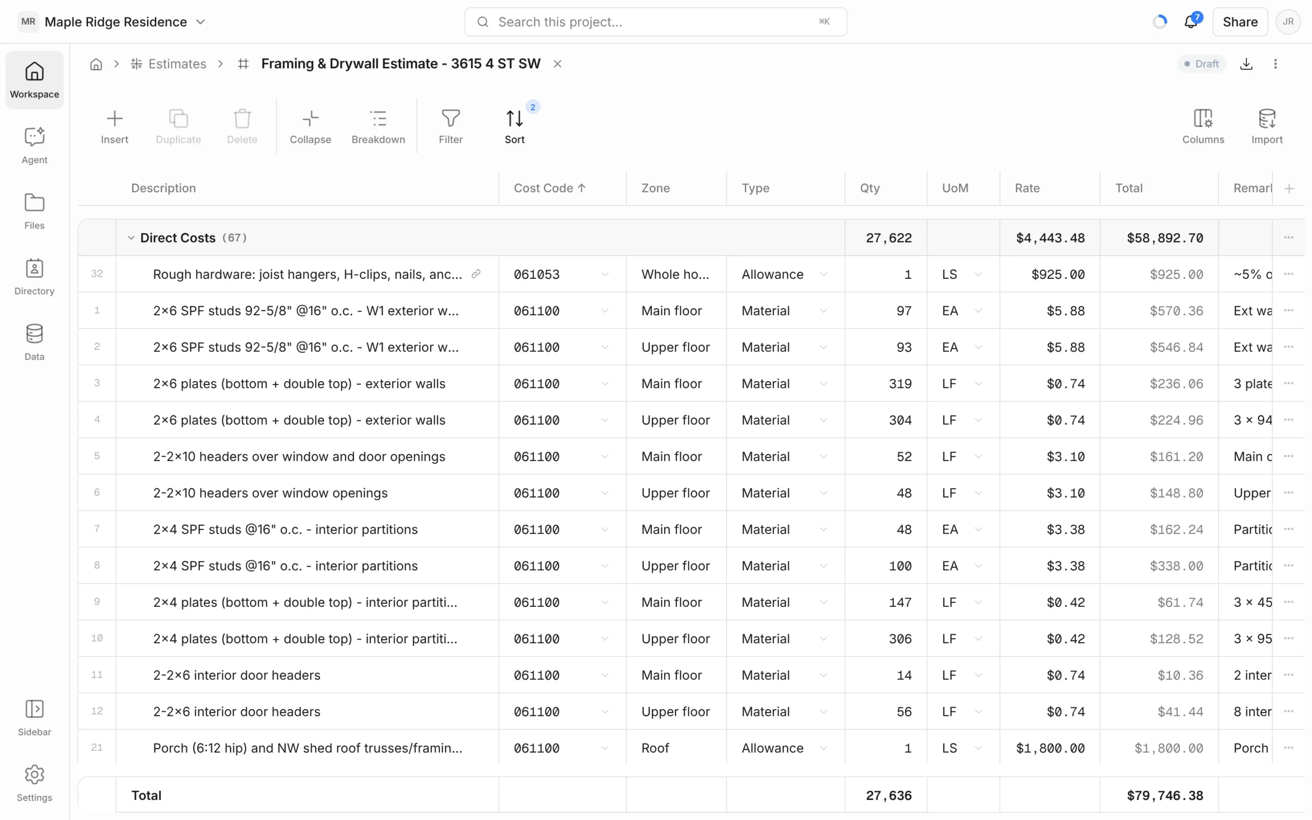Framing & Drywall Estimate with Description, Cost Code, Zone, Type, Qty, UoM, Rate, Total and Remarks columns, a Direct Costs section total and a grand total