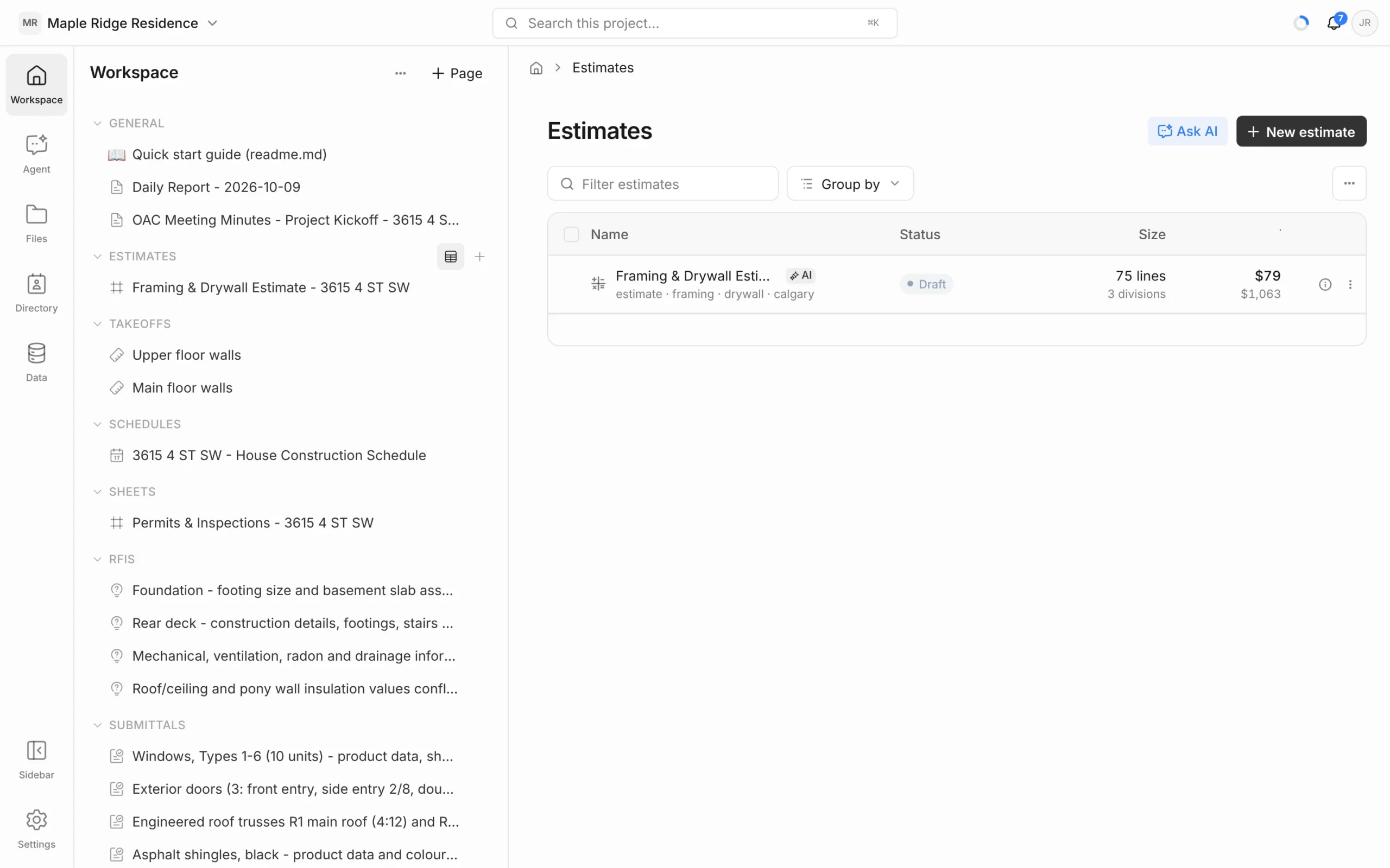 Estimates log listing an AI-built estimate with Draft status, 75 lines in 3 divisions and its total