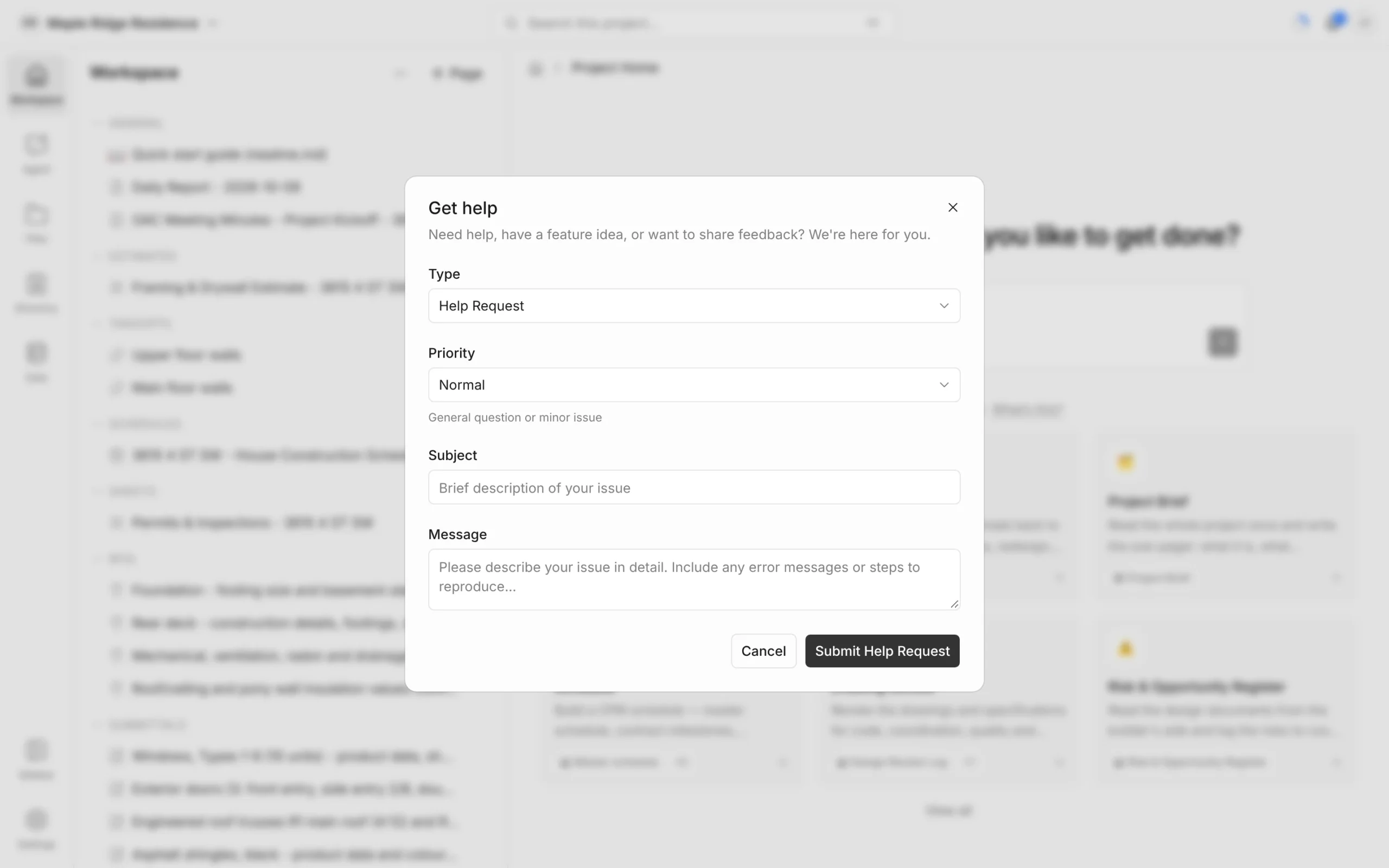 Get help form with Type set to Help Request, Priority set to Normal, and Subject and Message fields
