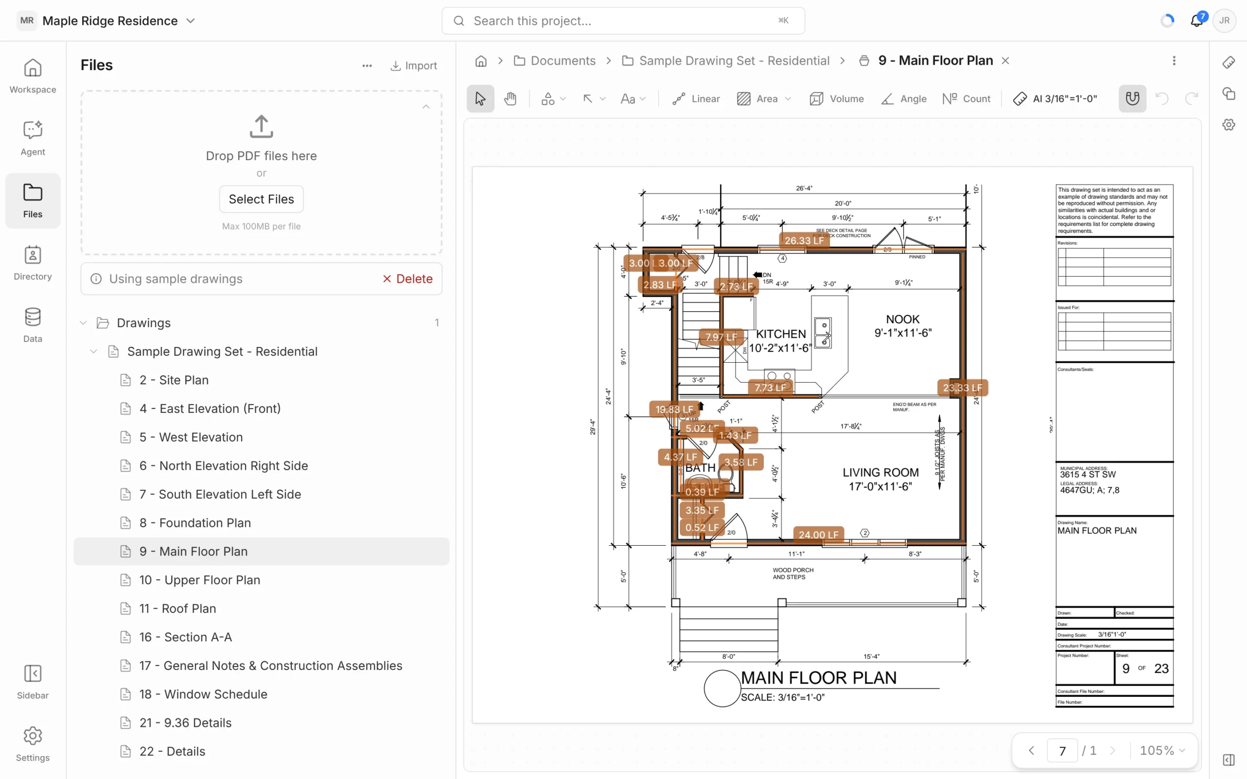 Main floor plan with linear wall measurements labelled in feet and the Linear, Area, Volume, Angle and Count tools in the toolbar