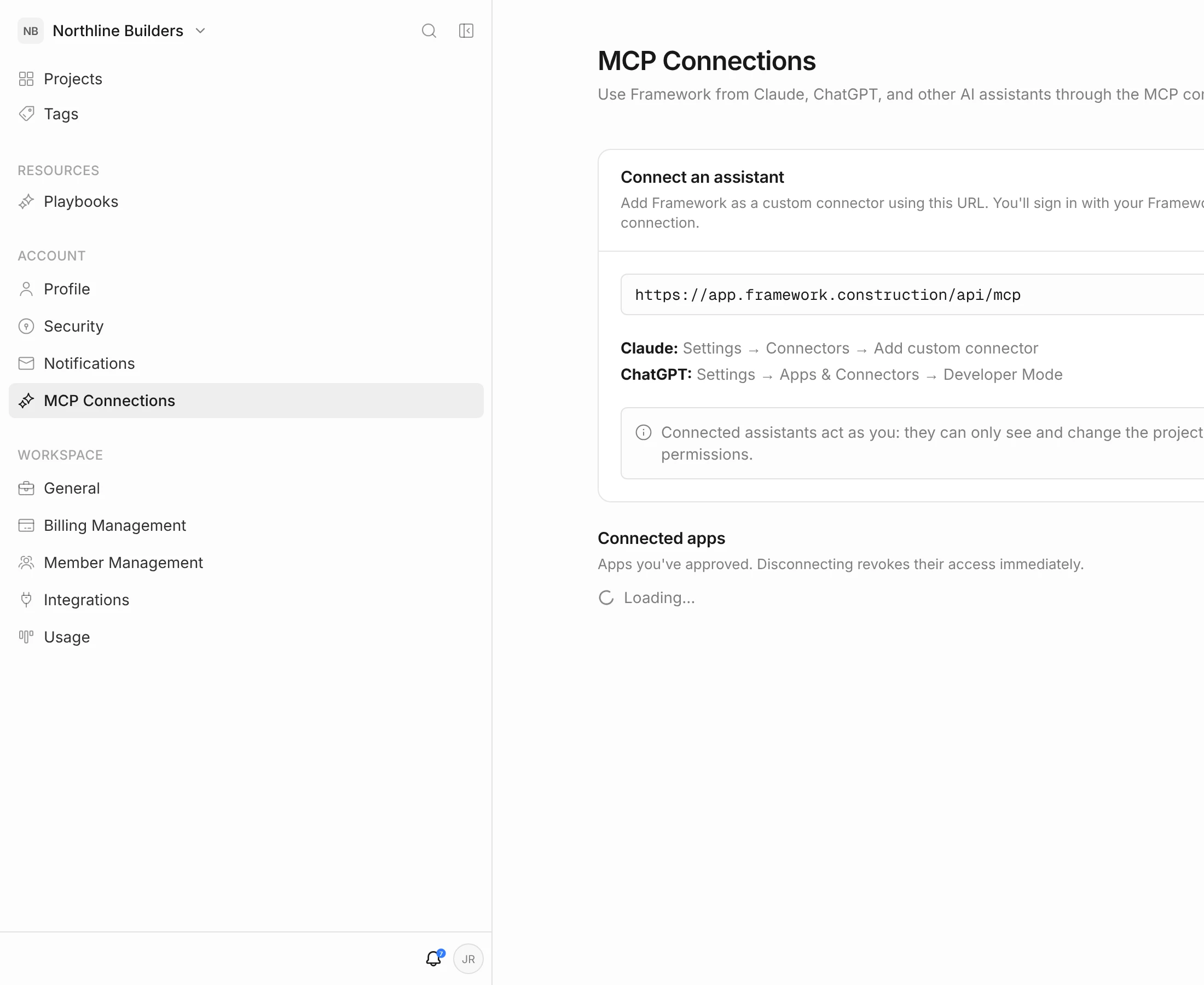 MCP Connections page showing the connector URL with a Copy button, setup paths for Claude and ChatGPT, and an empty Connected apps list