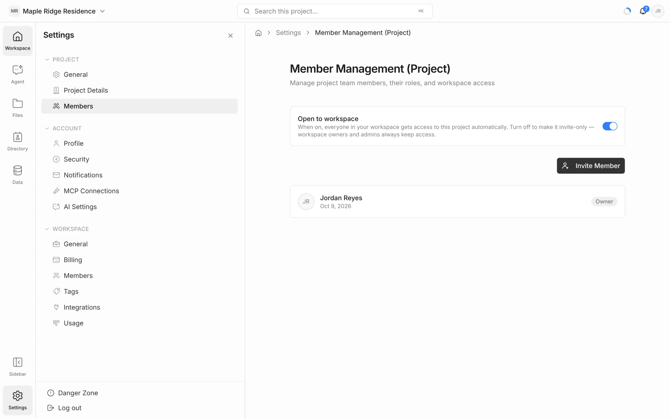 Member Management (Project) page with the Open to workspace switch turned on, an Invite Member button and the project owner listed