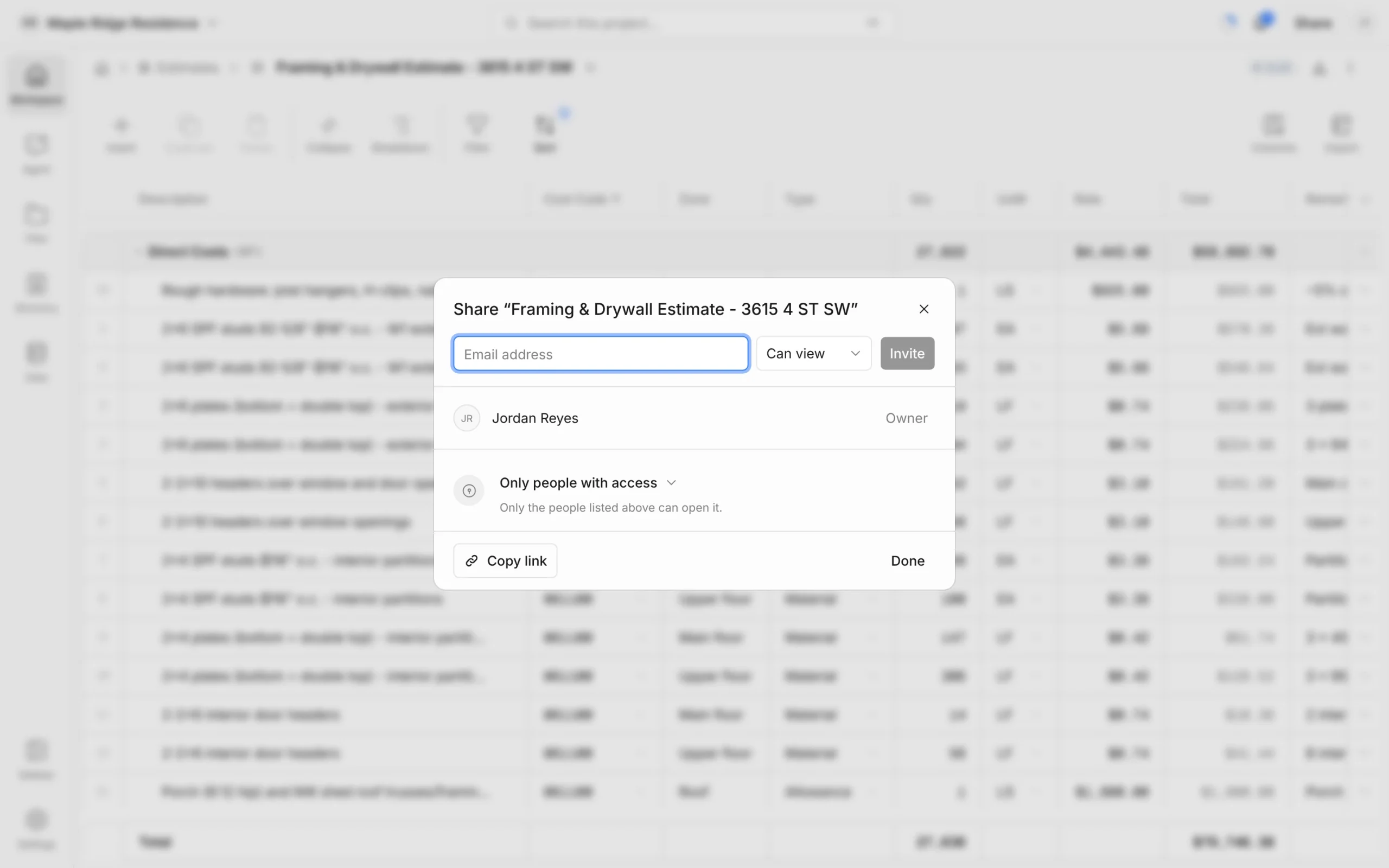 Share dialog for an estimate with an email field, Can view role and Invite button, the owner listed, the Only people with access setting and a Copy link button