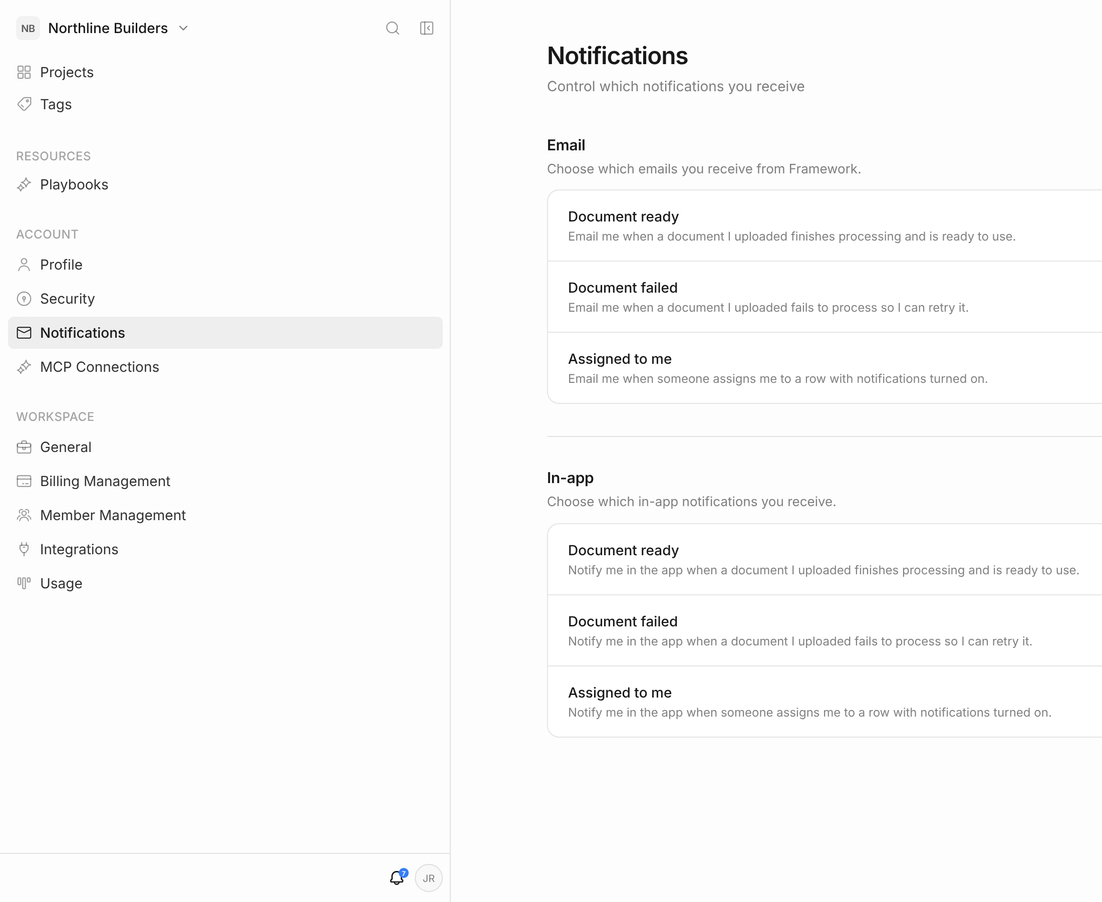 Notifications settings with Email and In-app sections, each with toggles for Document ready, Document failed and Assigned to me