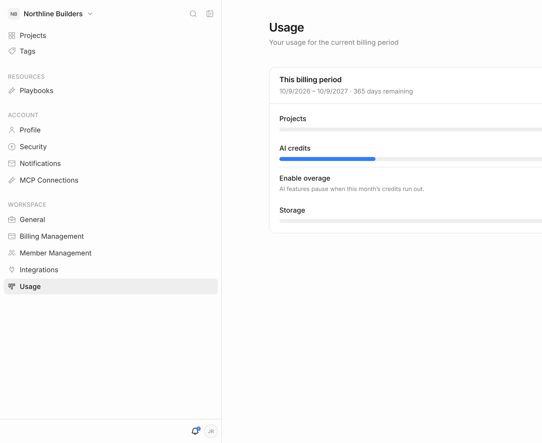 Usage page showing projects, AI credits, overage toggle and storage for the current billing period