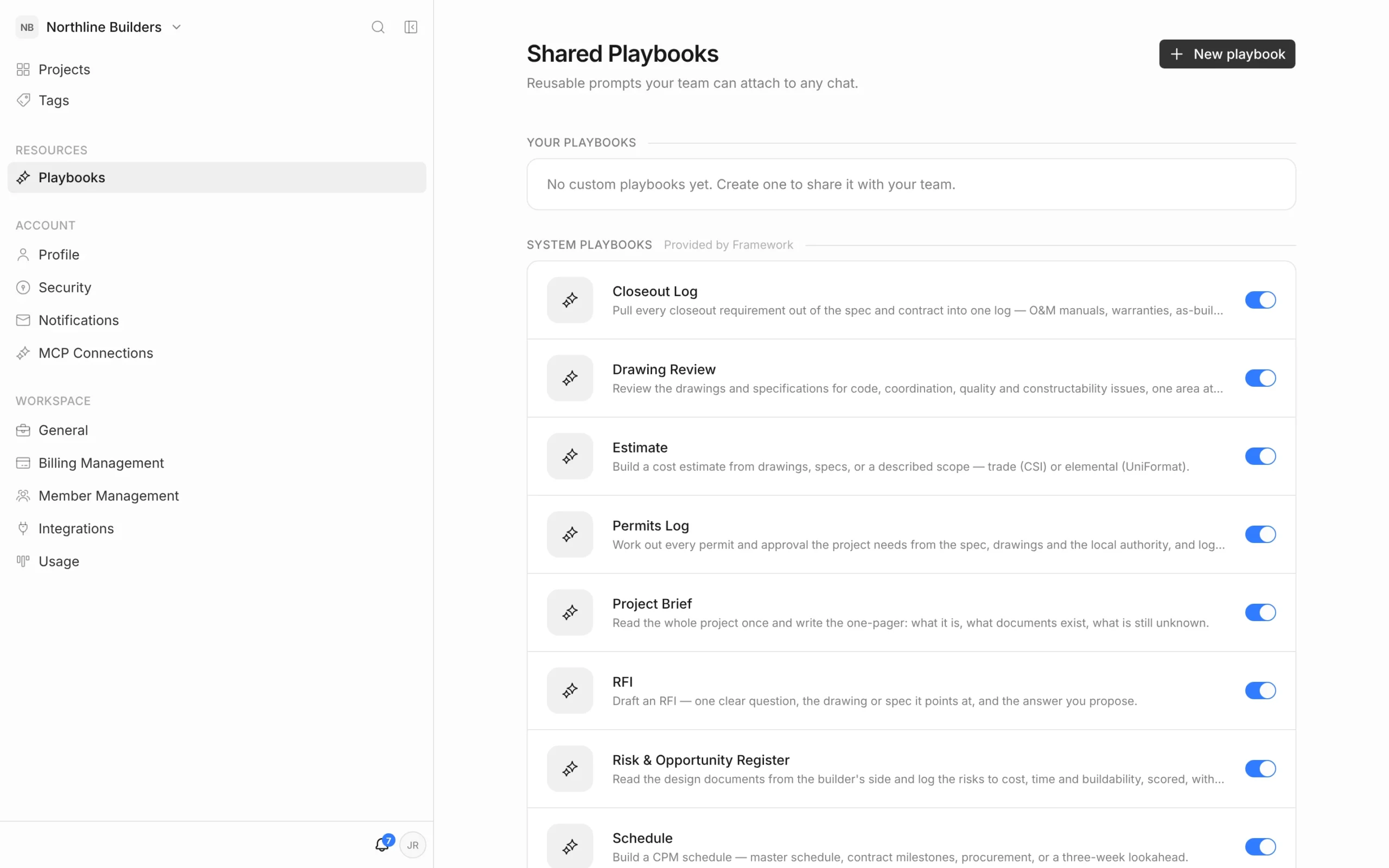 Shared Playbooks page with a New playbook button, an empty Your playbooks section and System playbooks such as Closeout Log, Drawing Review, Estimate and RFI, each with an on/off switch