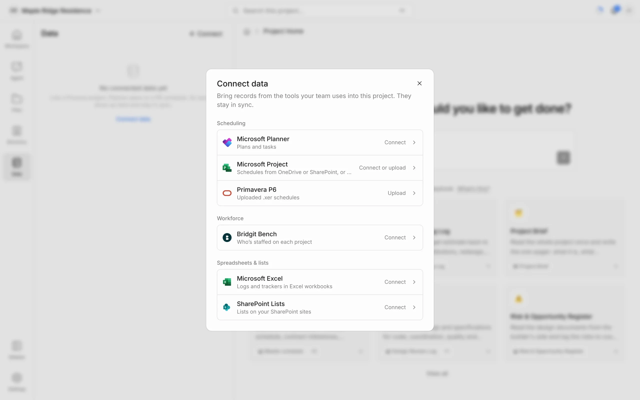 Connect data dialog listing Microsoft Planner, Microsoft Project, Primavera P6, Bridgit Bench, Microsoft Excel and SharePoint Lists