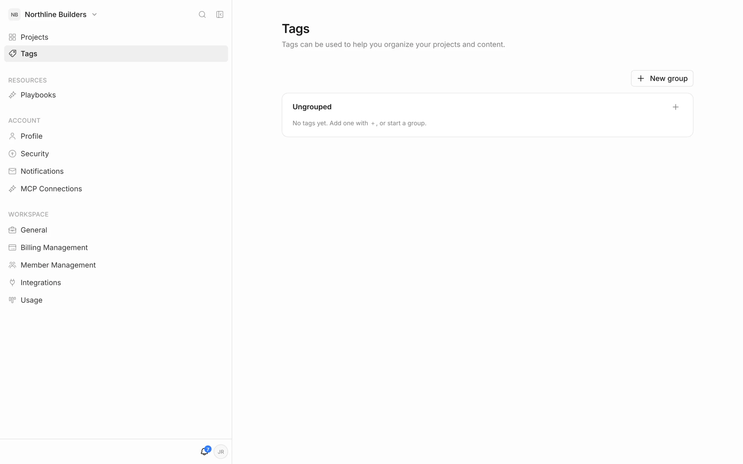 Tags page with a New group button and an empty Ungrouped section that says 'No tags yet. Add one with +, or start a group.'