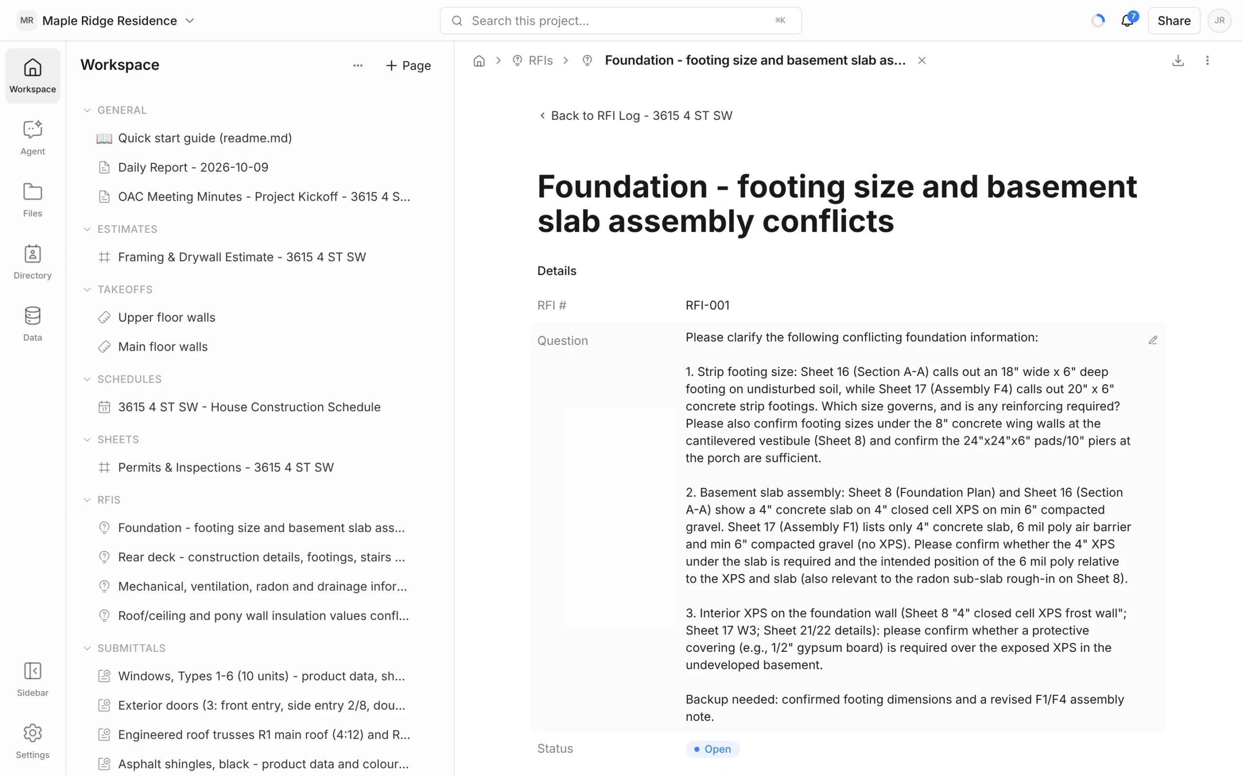 RFI-001 page titled Foundation footing size and basement slab assembly conflicts, with RFI number, a question citing sheets 8, 16 and 17, and Open status