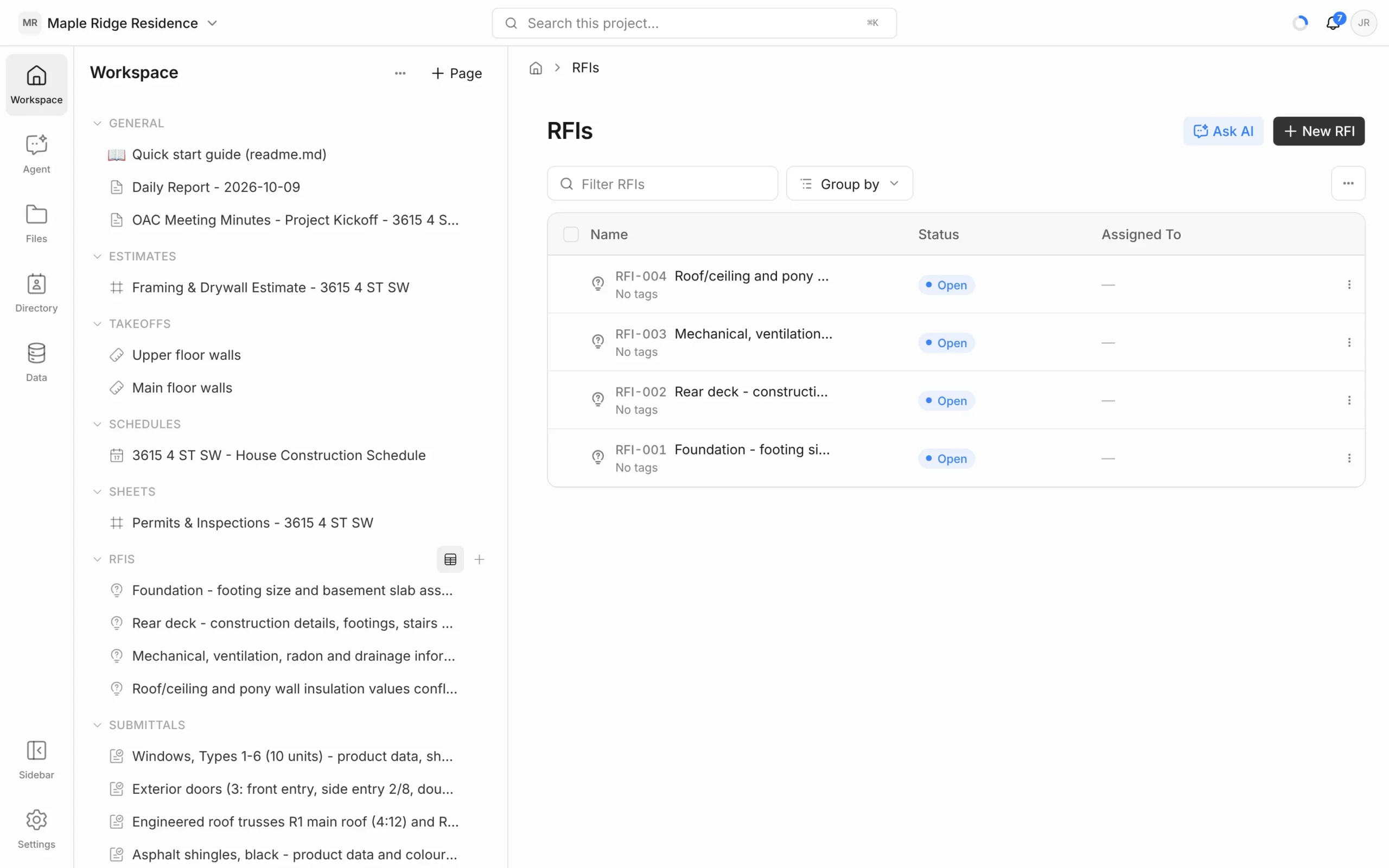 RFIs log listing RFI-001 to RFI-004 with Open status, a Filter RFIs search box, Group by, Ask AI and New RFI