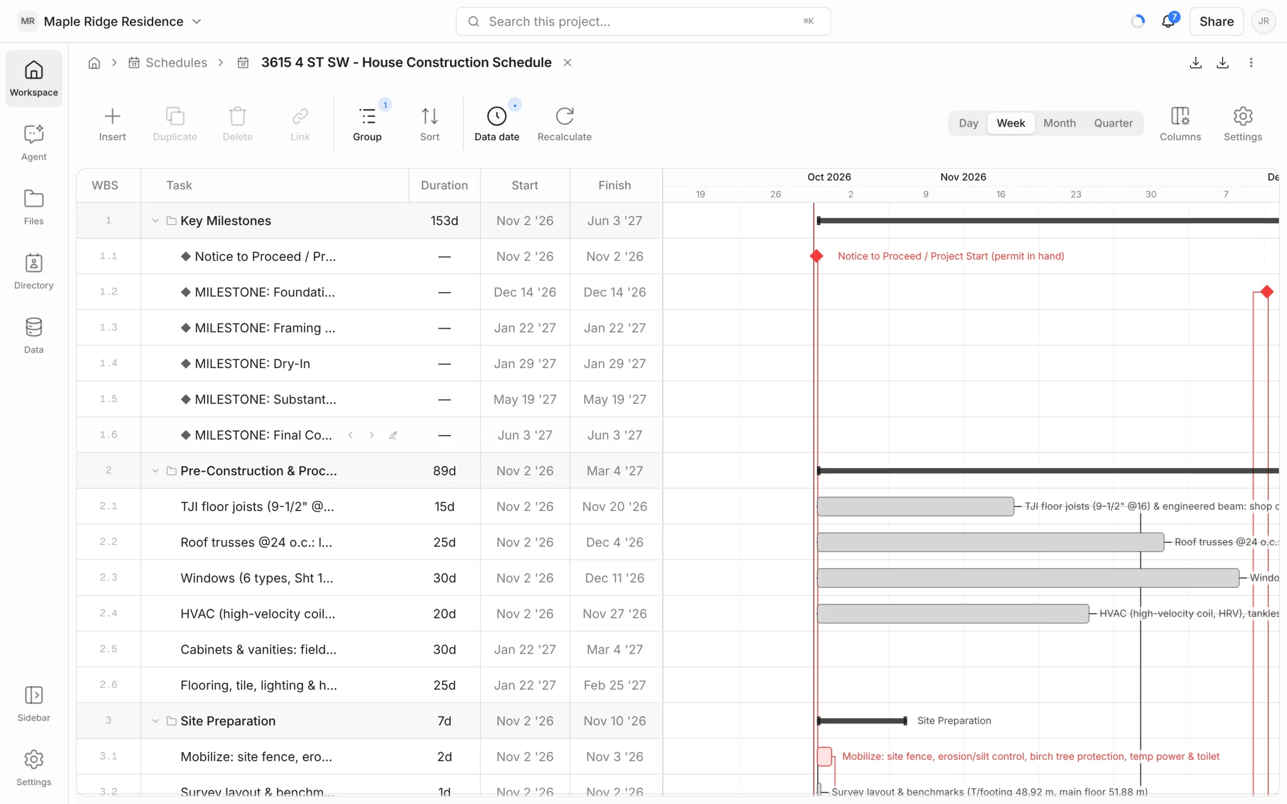 House Construction Schedule with a WBS grid of milestones and tasks on the left and a weekly Gantt chart with red critical milestones on the right
