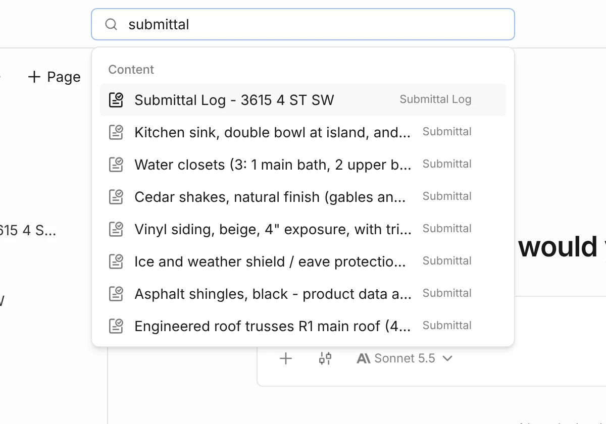 Search open with 'submittal' typed, showing Content results: the Submittal Log and several submittals, each labelled with its type