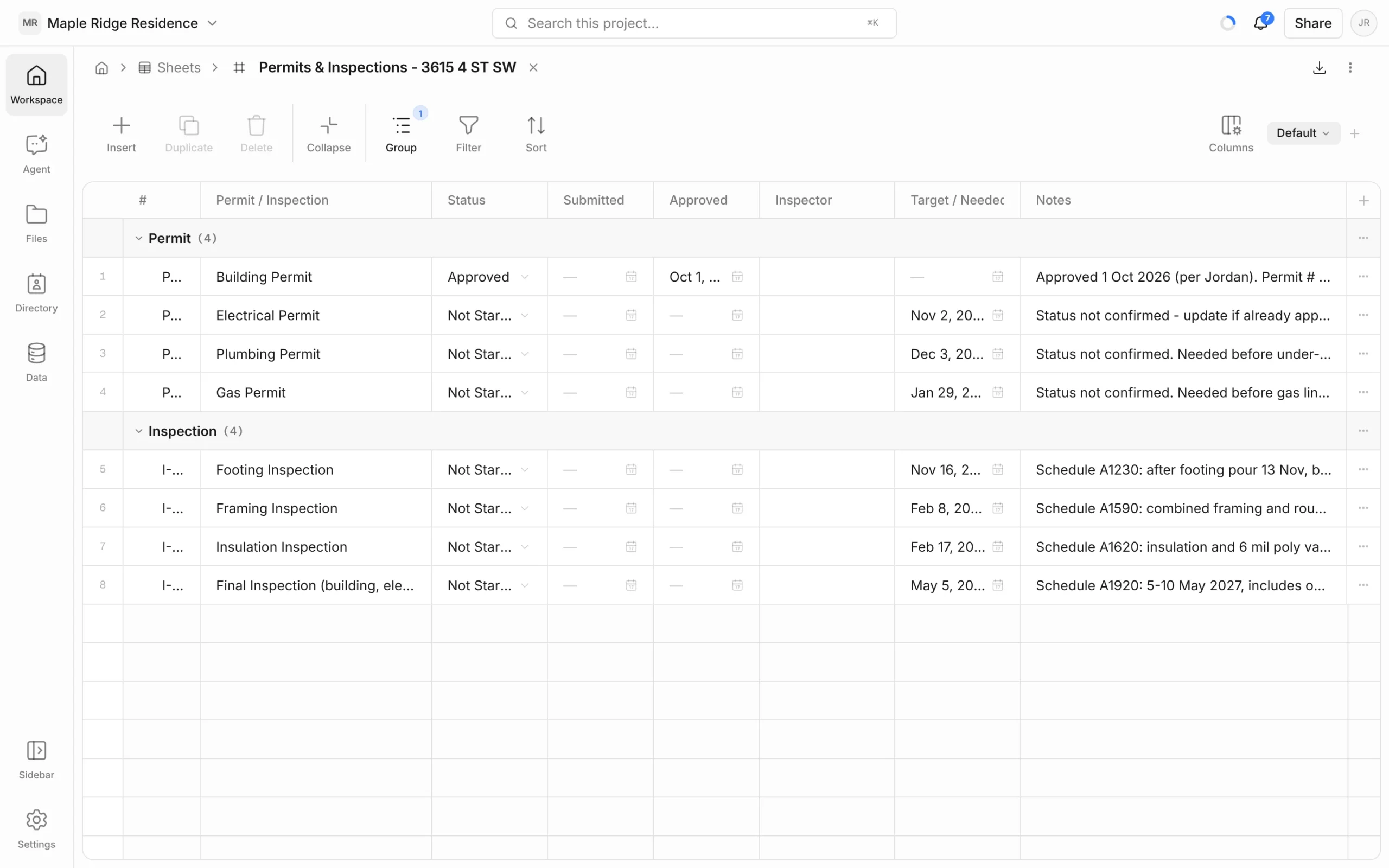 Permits & Inspections sheet grouped into Permit and Inspection, with Status, Submitted, Approved, Inspector, Target and Notes columns