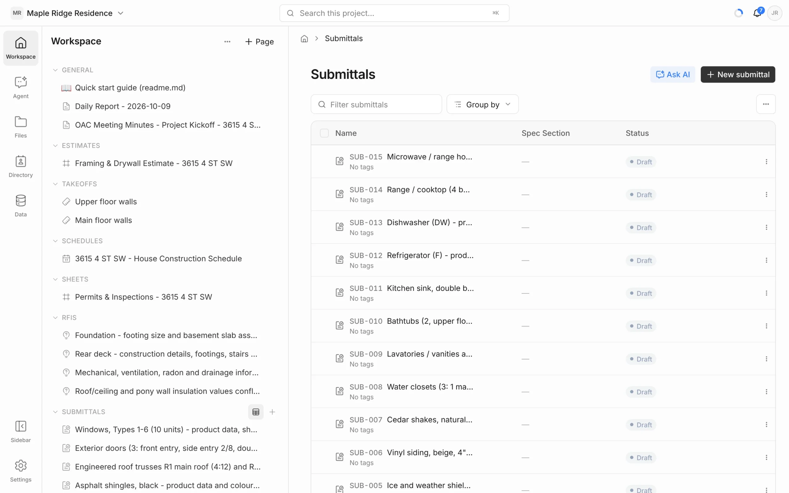 Submittals log with Filter submittals search, Group by menu, Ask AI and New submittal buttons, and a table of SUB numbers with status