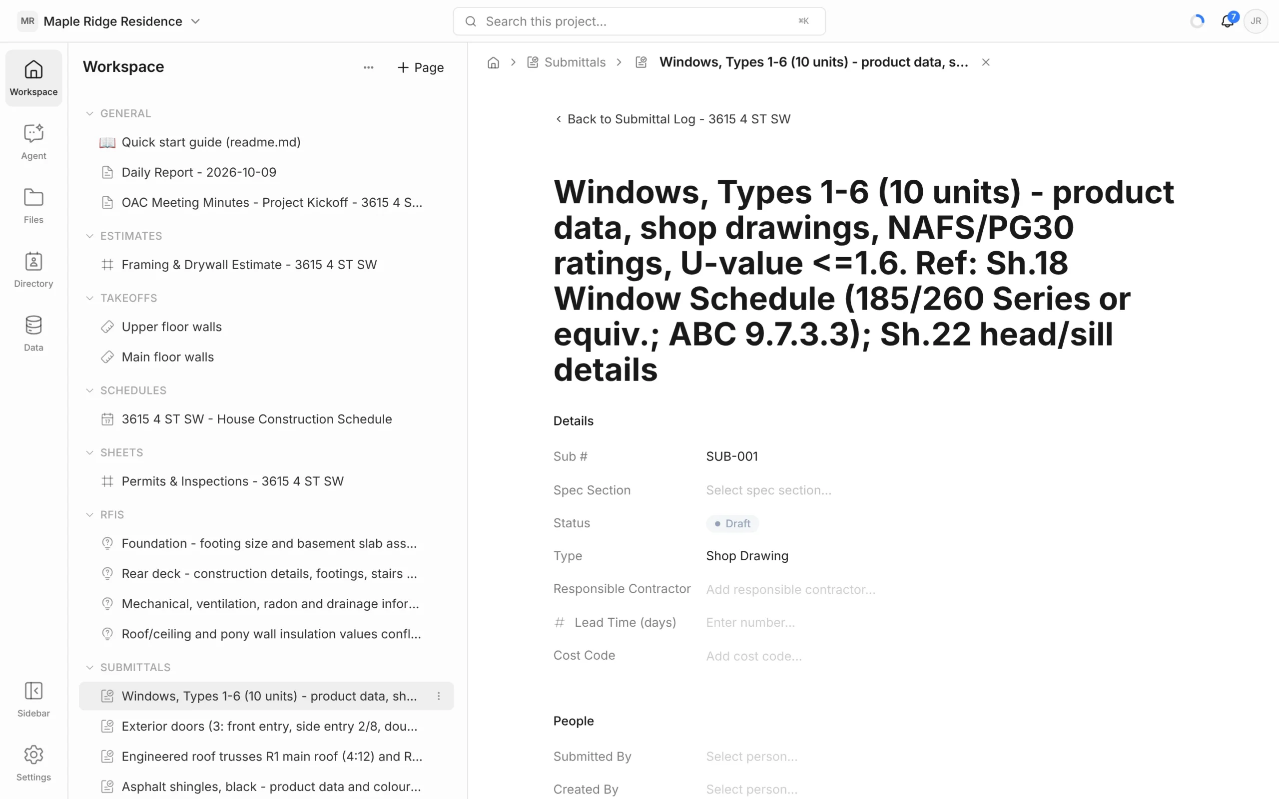 SUB-001 Windows submittal page with Sub number, Spec Section, Draft status, Shop Drawing type, Responsible Contractor, Lead Time and Cost Code, and a People section