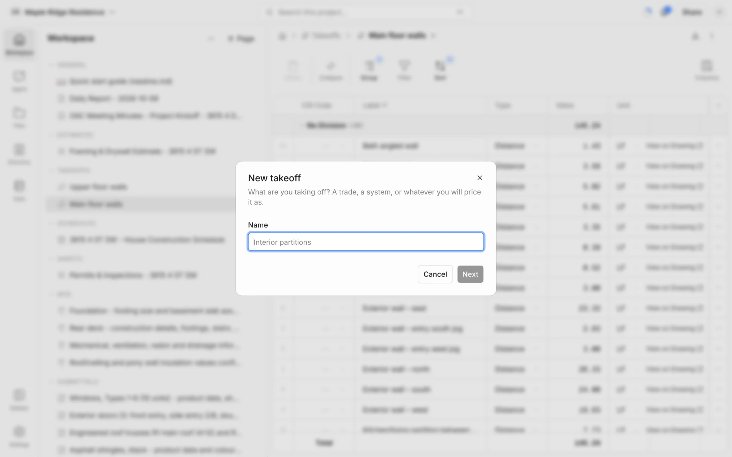 New takeoff dialog asking what you are taking off, with a Name field and Next button