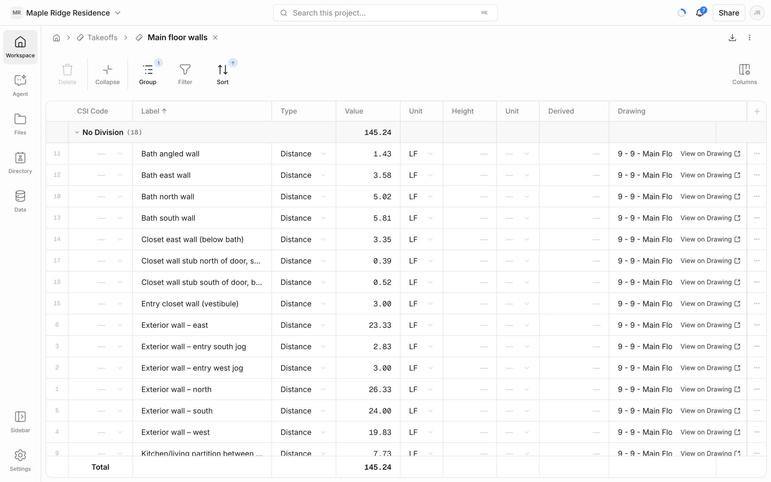 Main floor walls takeoff table listing wall measurements with type Distance, values in LF and View on Drawing links