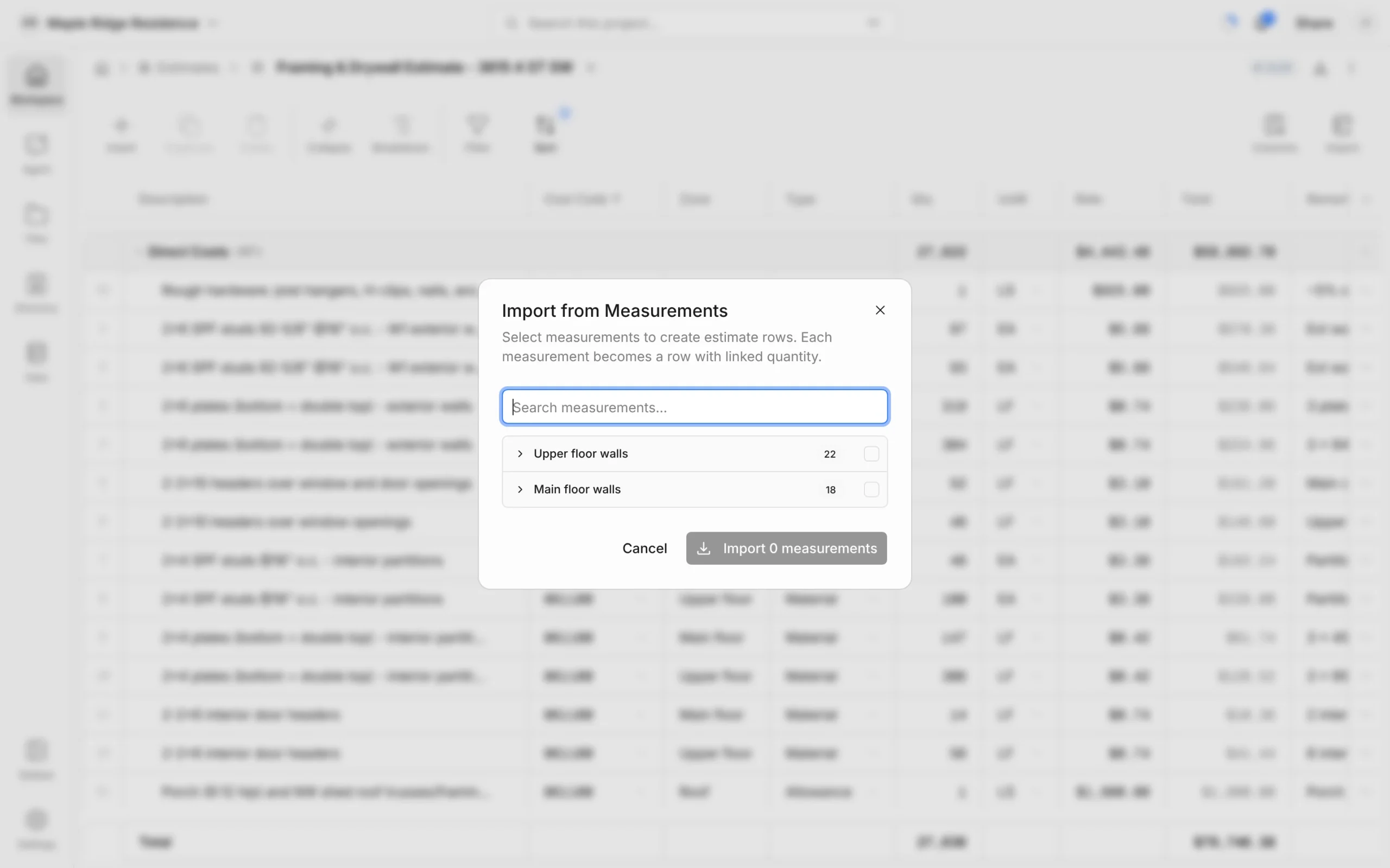 Import from Measurements dialog listing the Upper floor walls and Main floor walls takeoffs with measurement counts and an Import button