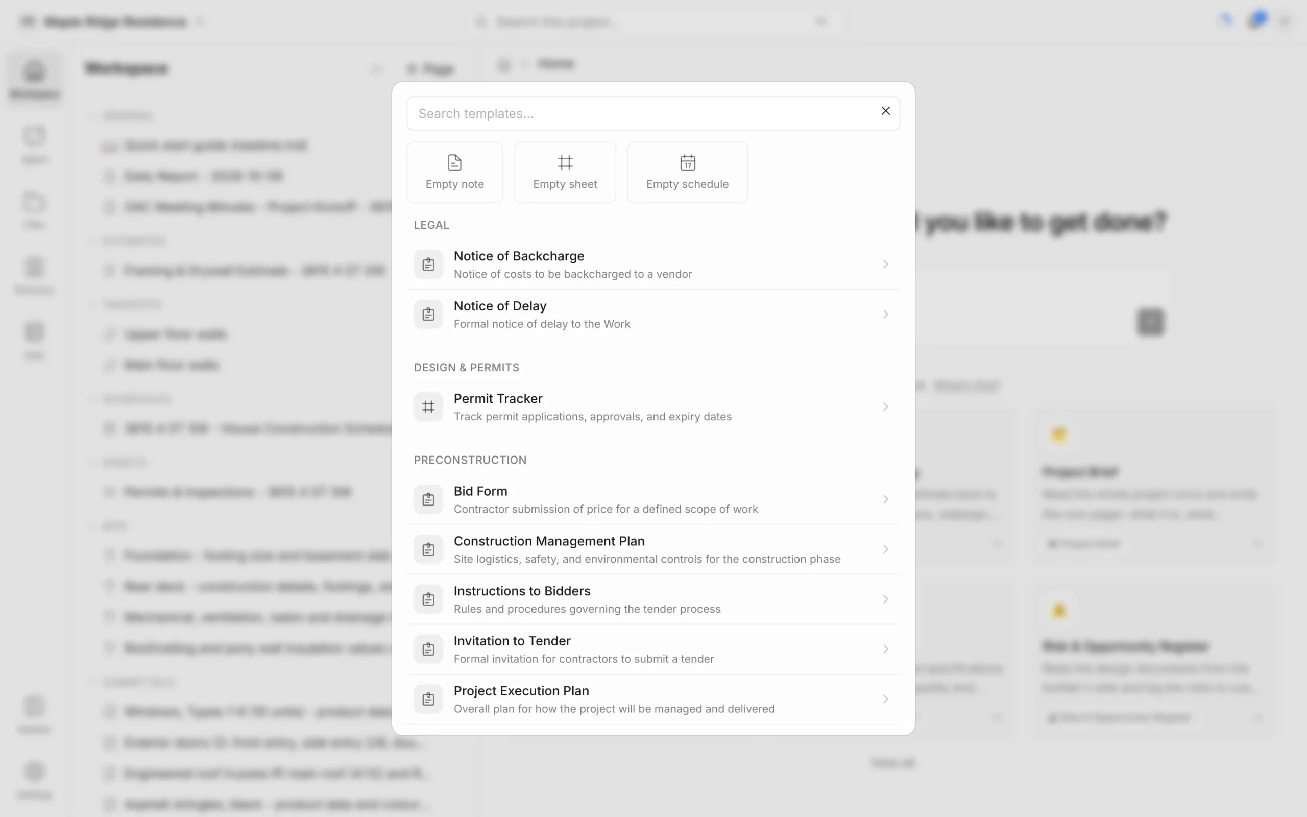 Template picker with Empty note, Empty sheet and Empty schedule at the top and templates grouped under Legal, Design & Permits and Preconstruction