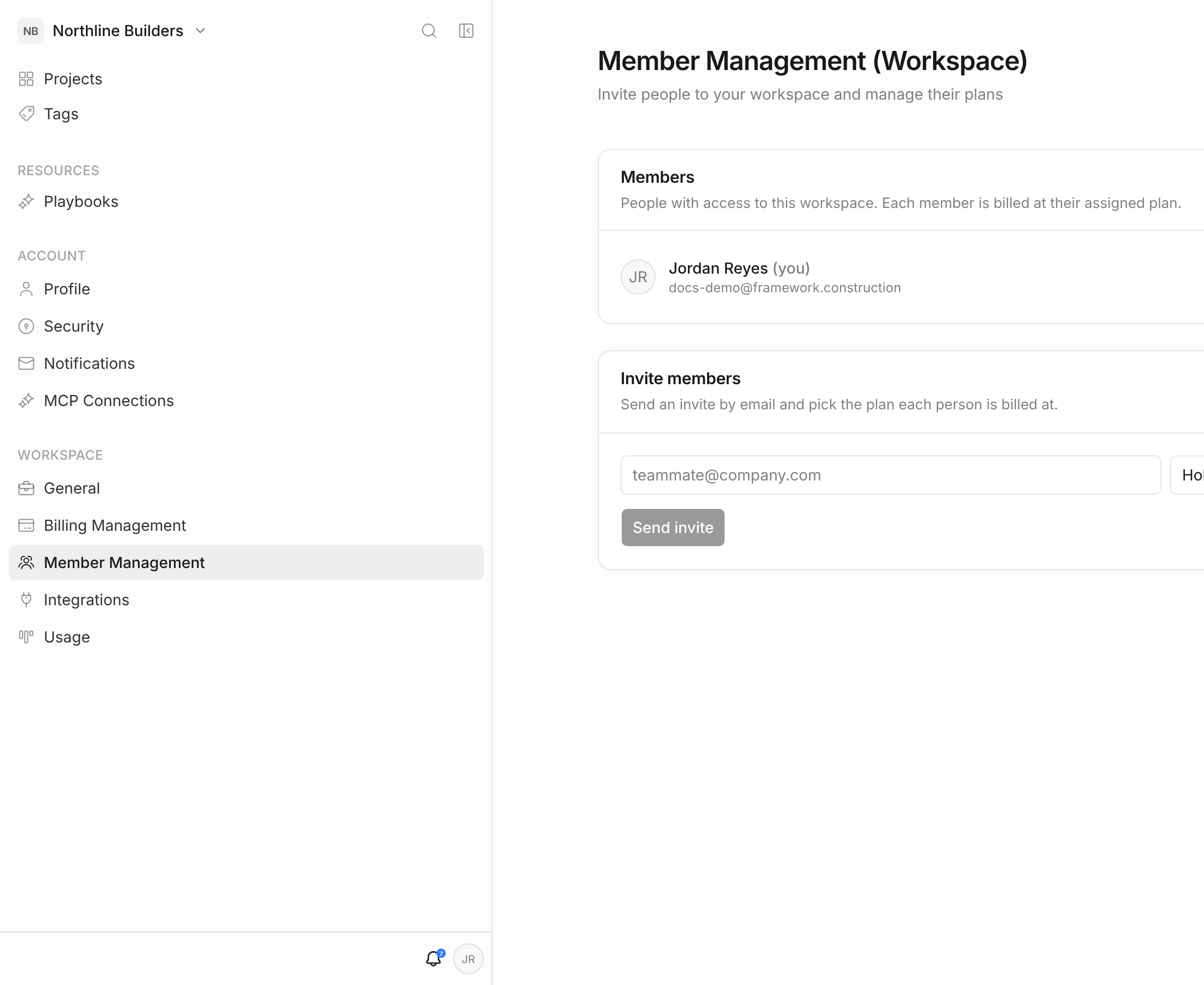 Member Management page listing the workspace owner and an Invite members form with an email field and a plan picker