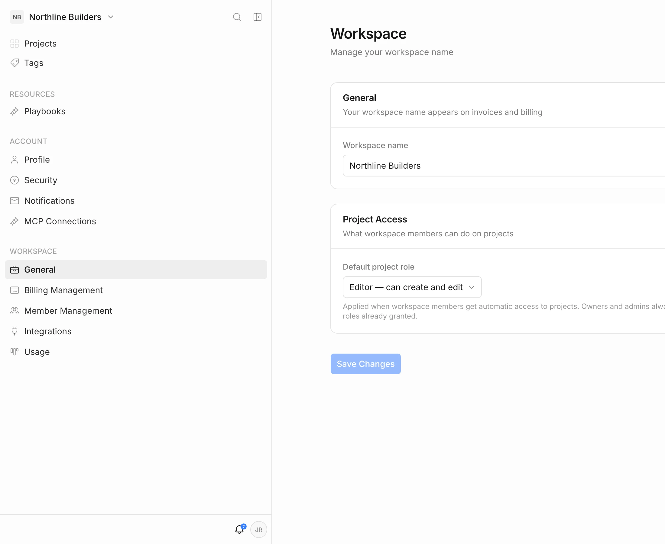 Workspace settings General page with the workspace name and the Default project role set to Editor