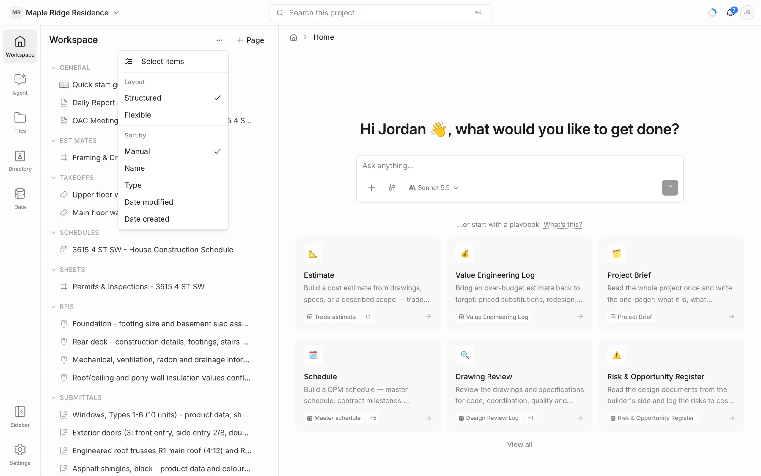 Workspace panel menu showing Select items, Layout Structured or Flexible, and Sort by options