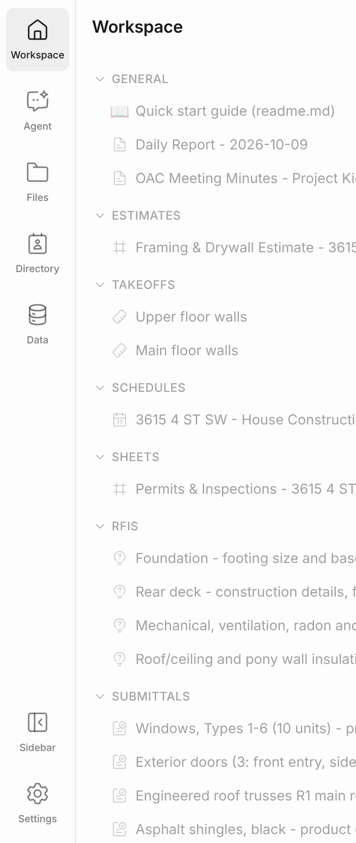 Workspace panel in the Structured layout with General, Estimates, Takeoffs, Schedules, Sheets, RFIs and Submittals headings