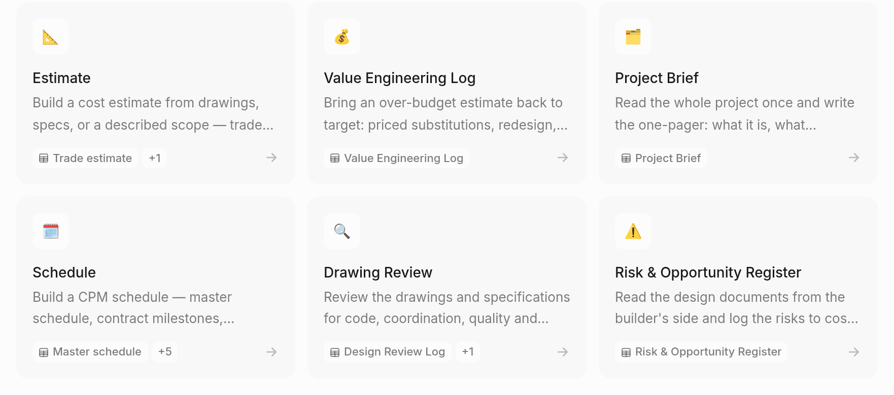 Framework playbook cards: Estimate, Value Engineering Log, Project Brief, Schedule, Drawing Review and Risk & Opportunity Register